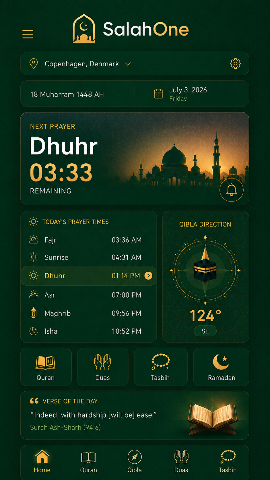 SalahOne home screen showing prayer times, Qibla direction, and daily verse